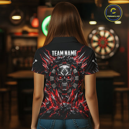 Custom Silver Skull Darts 1/4-Zip Polo Shirt For Women Red Thunder Darts Team Tournament Jersey NYN4779