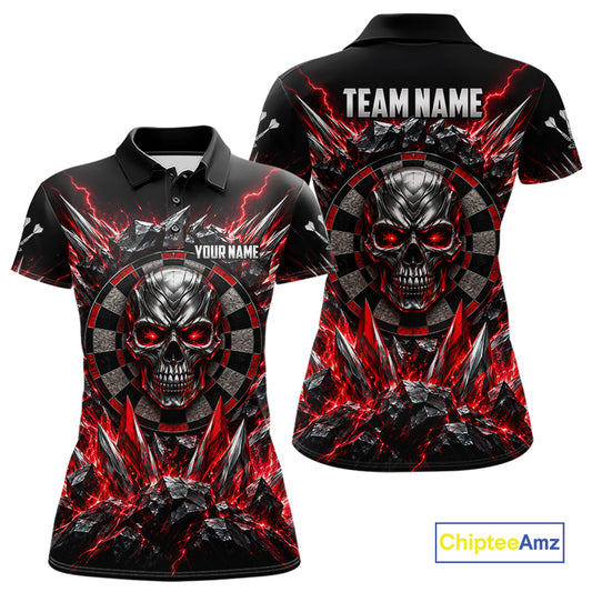 Custom Silver Skull Darts 1/4-Zip Polo Shirt For Women Red Thunder Darts Team Tournament Jersey NYN4779