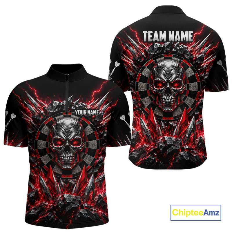 Custom Silver Skull Darts 1/4-Zip Polo Shirt For Men Red Thunder Darts Team Tournament Jersey NYN4779