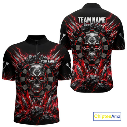Custom Silver Skull Darts 1/4-Zip Polo Shirt For Men Red Thunder Darts Team Tournament Jersey NYN4779
