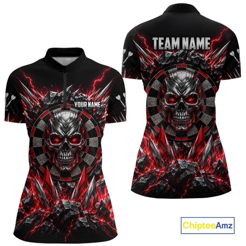 Custom Silver Skull Darts 1/4-Zip Polo Shirt For Women Red Thunder Darts Team Tournament Jersey NYN4779