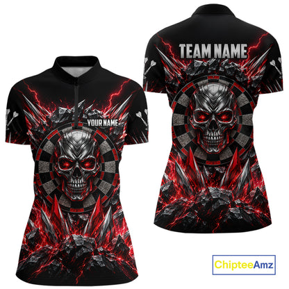Custom Silver Skull Darts 1/4-Zip Polo Shirt For Women Red Thunder Darts Team Tournament Jersey NYN4779