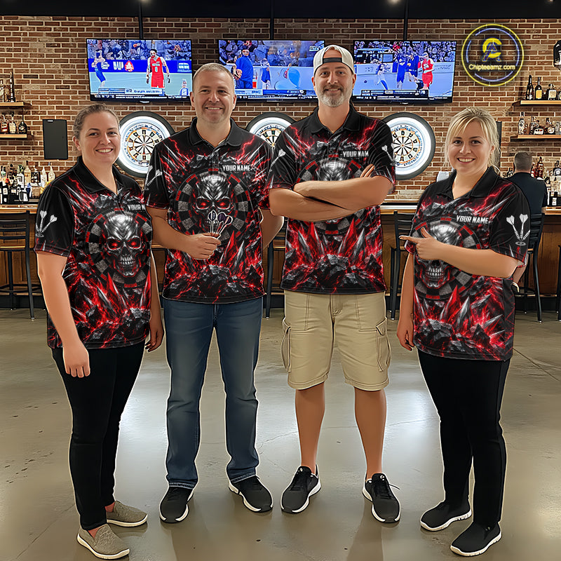 Custom Silver Skull Darts 1/4-Zip Polo Shirt For Women Red Thunder Darts Team Tournament Jersey NYN4779