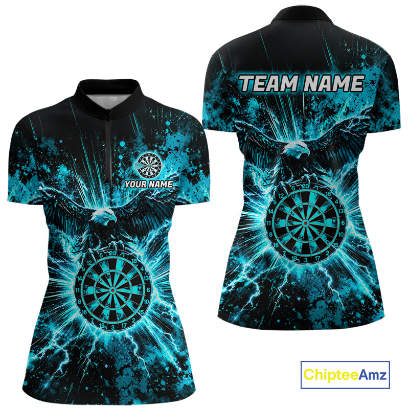 Teal Splatter Dartboard Darts Polo 1/4-Zip Shirt For Women Thunder Eagle Darts Team Apparel Jersey NYN4781