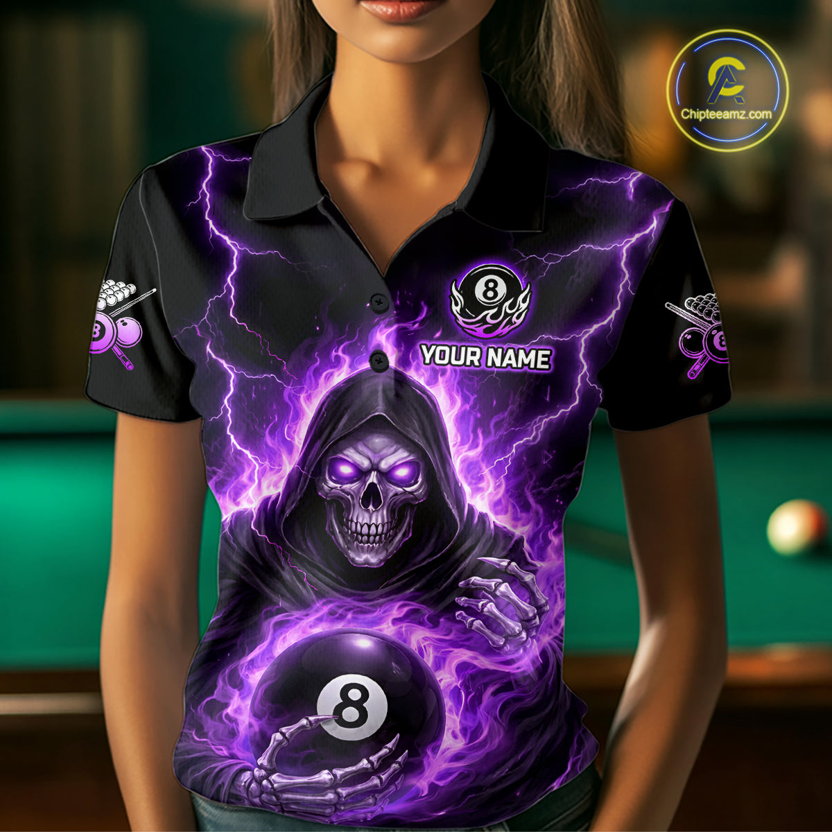 Fire Flame Grim Reaper Holding 8 Ball Pool Women  Polo & 1/4-Zip Shirt Personalized Billiard Gifts NYN2434
