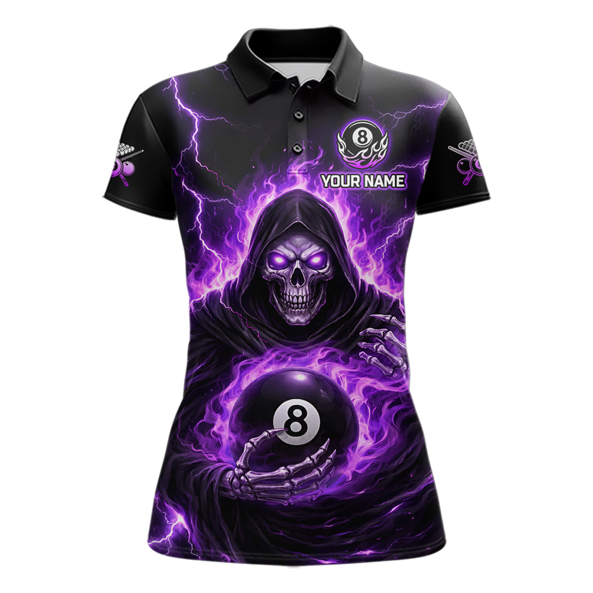 Fire Flame Grim Reaper Holding 8 Ball Pool Women  Polo & 1/4-Zip Shirt Personalized Billiard Gifts NYN2434