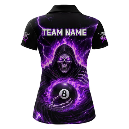 Fire Flame Grim Reaper Holding 8 Ball Pool Women  Polo & 1/4-Zip Shirt Personalized Billiard Gifts NYN2434