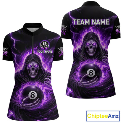 Fire Flame Grim Reaper Holding 8 Ball Pool Women  Polo & 1/4-Zip Shirt Personalized Billiard Gifts NYN2434
