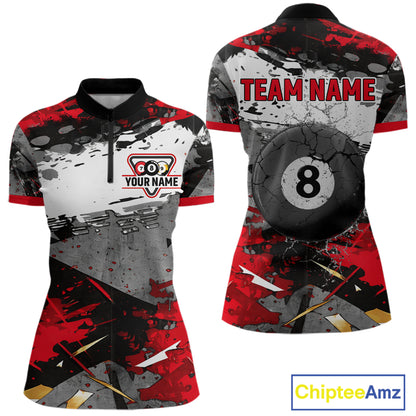 Black, White And Red Grunge Paint Billiard Pool Shirts For Women Custom 8 Ball Billiard Team Attire NYN3019