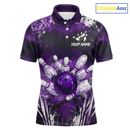 Men's white purple splatter paint bowling ball polo shirt custom bowling jersey mockup