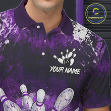 Load image into Gallery viewer, Man wearing white purple splatter bowling ball shirt custom bowling apparel