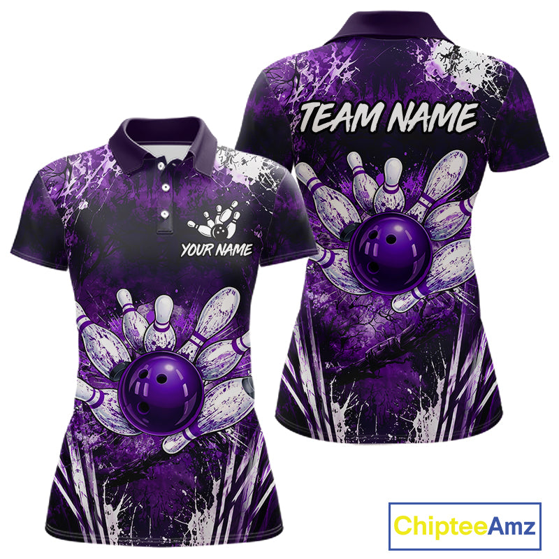 Women's white purple splatter paint bowling ball polo shirt custom bowling jersey mockup