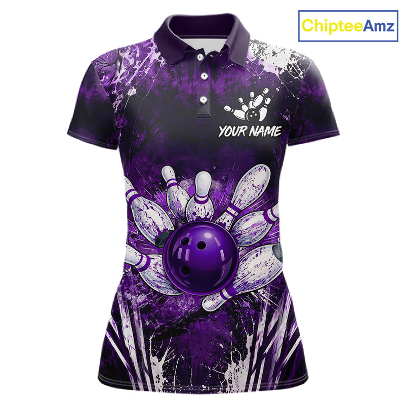 Women's white purple splatter paint bowling ball polo shirt custom bowling jersey mockup