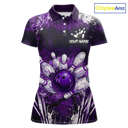 Women's white purple splatter paint bowling ball polo shirt custom bowling jersey mockup
