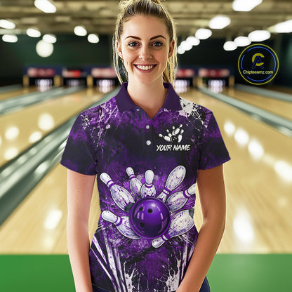 Woman wearing white purple splatter bowling ball shirt custom bowling apparel