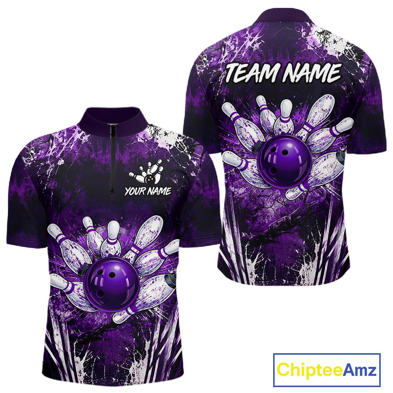 Men's white purple splatter bowling ball quarter zip bowling shirt mockup