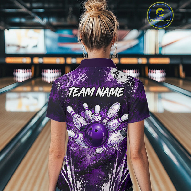 Woman wearing white purple splatter bowling ball shirt custom bowling apparel