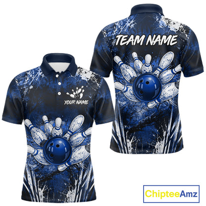 Men's white blue splatter paint bowling ball polo shirt custom bowling jersey mockup