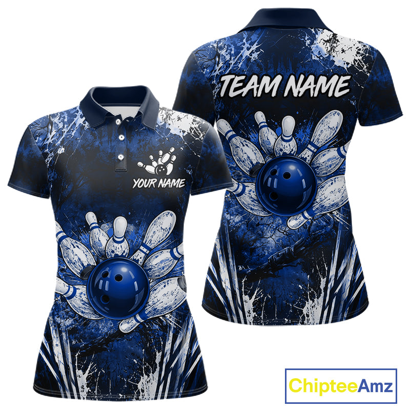 Women's white blue splatter paint bowling ball polo shirt custom bowling jersey mockup