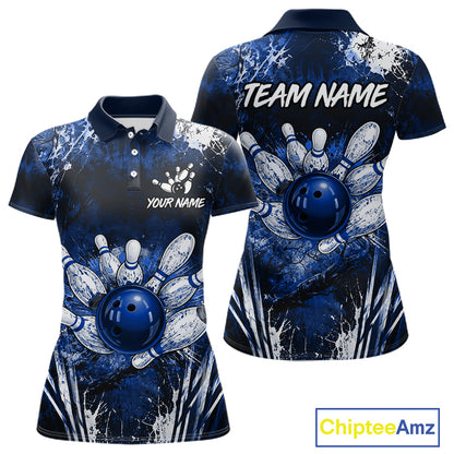 Women's white blue splatter paint bowling ball polo shirt custom bowling jersey mockup