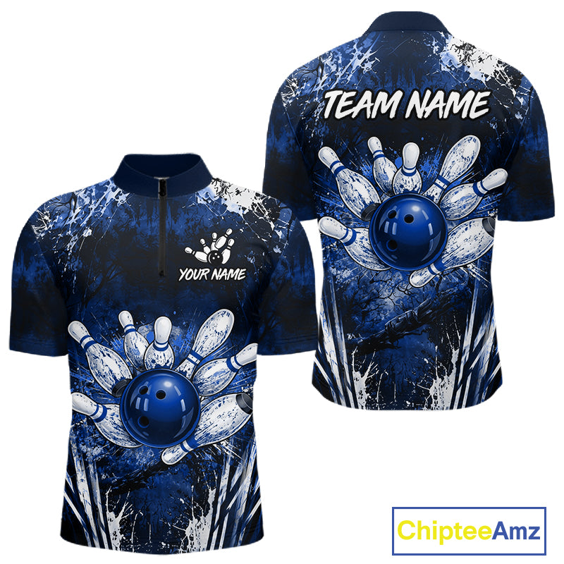 Men's white blue splatter bowling ball quarter zip bowling shirt mockup