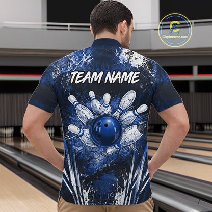 Men's white blue splatter bowling ball quarter zip bowling shirt mockup