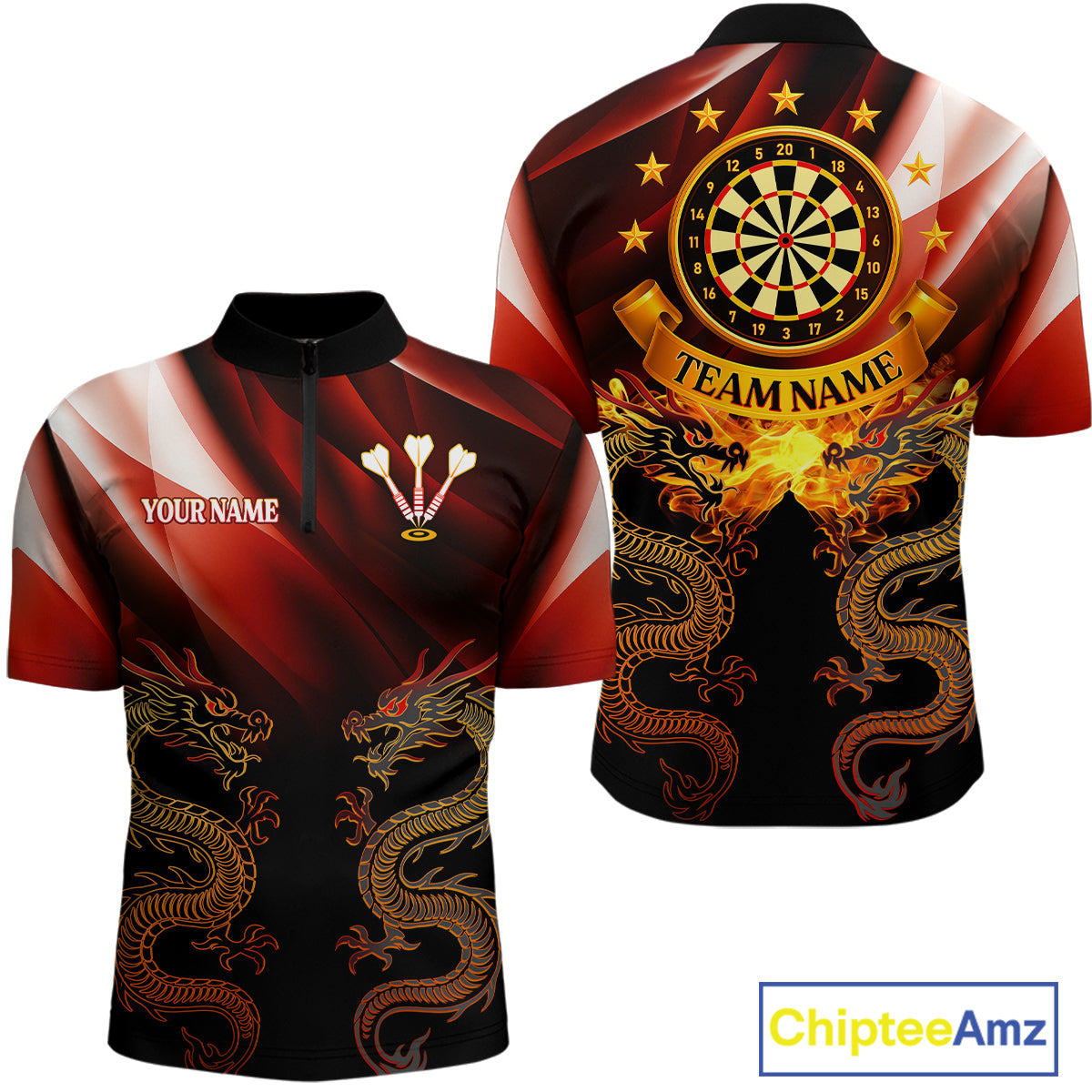 Flame Dragons With Golden Darts Men's Darts Team Shirt - Custom Name For Players NYN0500