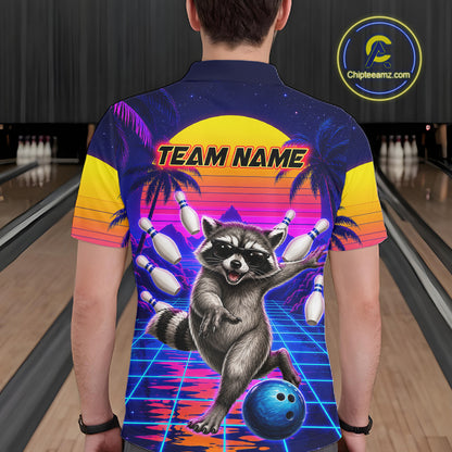 Man wearing funny raccoon bowling shirt custom summer bowling apparel