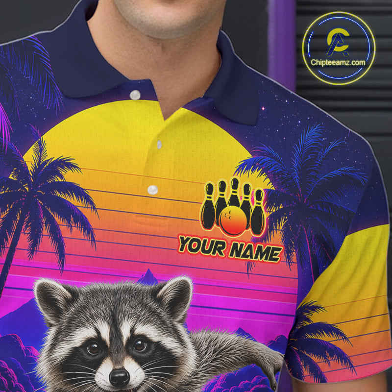 Man wearing funny raccoon bowling shirt custom summer bowling apparel