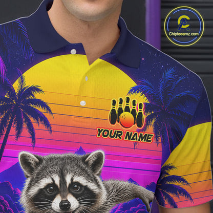 Man wearing funny raccoon bowling shirt custom summer bowling apparel