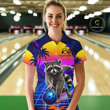 Load image into Gallery viewer, Woman wearing funny raccoon bowling shirt custom summer bowling apparel