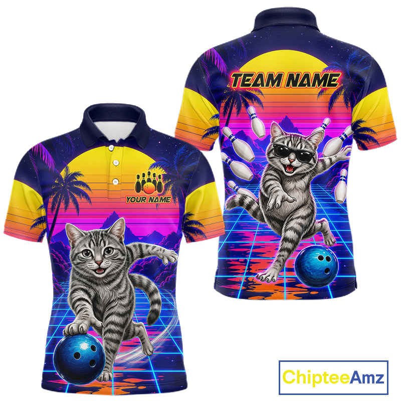 Funny cat bowling polo shirt for men personalized bowling jersey mockup