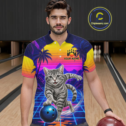 Man wearing funny cat bowling shirt personalized bowling apparel