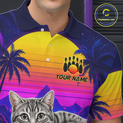 Man wearing funny cat bowling shirt personalized bowling apparel