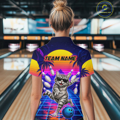 Funny cat quarter zip bowling shirt for women custom bowling jersey mockup