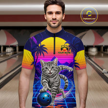 Load image into Gallery viewer, Man wearing funny cat bowling shirt personalized bowling apparel