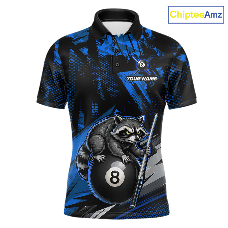 Custom Blue Funny Raccoon men's billiard polo featuring fun raccoon graphics, personalized 8 Ball tournament jersey, cue sports performance apparel, custom pool team uniform, championship sportswear