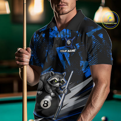 Male model wearing Blue Funny Raccoon billiard polo, personalized 8 Ball tournament jersey, cue sports club apparel, championship pool uniform, outdoor wildlife-inspired athletic clothing