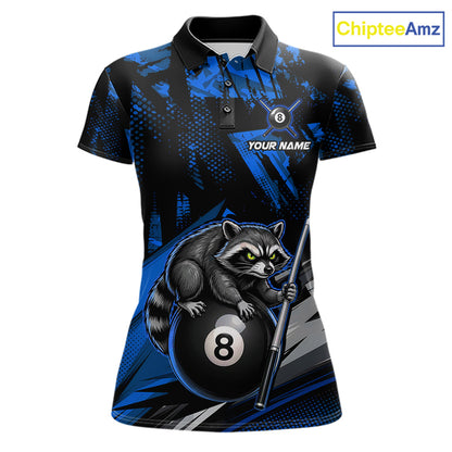 Custom Blue Funny Raccoon women's 8 Ball billiard polo featuring playful raccoon mascot, custom pool tournament jersey, personalized cue sports apparel, APA league performance shirt, wildlife-inspired athletic uniform