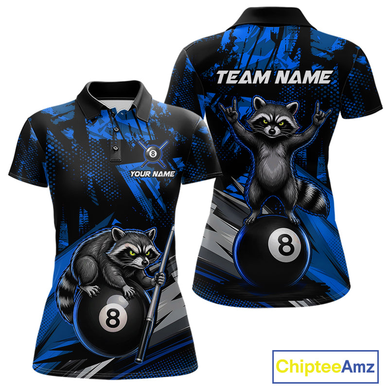 Custom Blue Funny Raccoon women's 8 Ball billiard polo featuring playful raccoon mascot, custom pool tournament jersey, personalized cue sports apparel, APA league performance shirt, wildlife-inspired athletic uniform