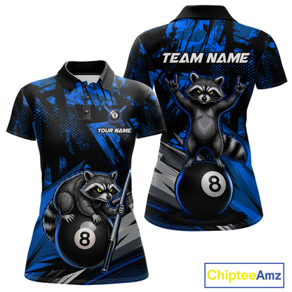 Custom Blue Funny Raccoon women's 8 Ball billiard polo featuring playful raccoon mascot, custom pool tournament jersey, personalized cue sports apparel, APA league performance shirt, wildlife-inspired athletic uniform
