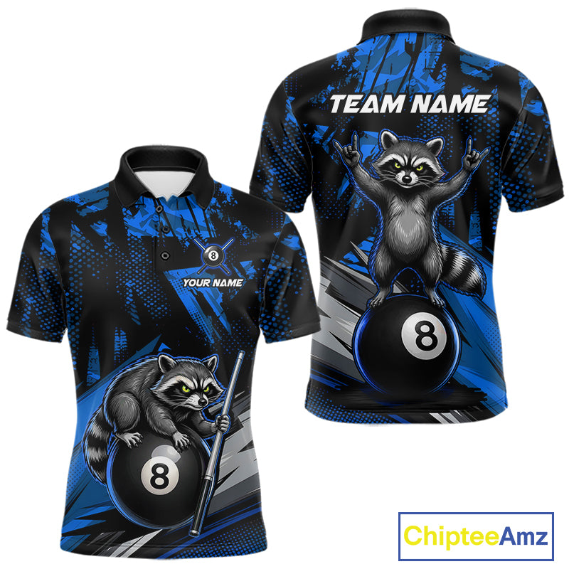 Custom Blue Funny Raccoon men's billiard polo featuring fun raccoon graphics, personalized 8 Ball tournament jersey, cue sports performance apparel, custom pool team uniform, championship sportswear