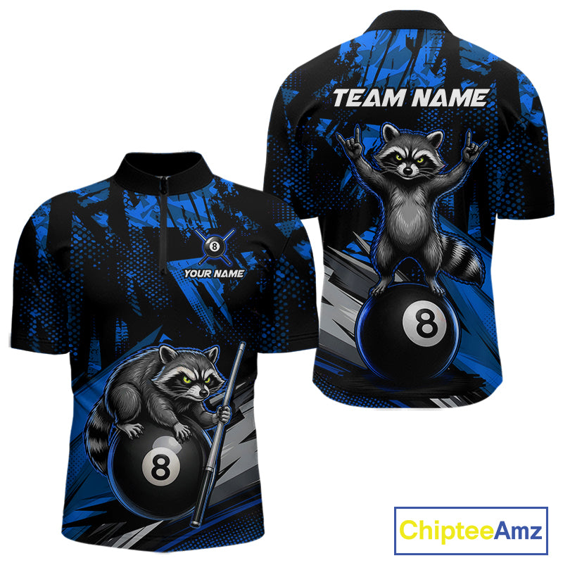 Custom Blue Funny Raccoon men's quarter-zip billiard jersey featuring playful raccoon mascot, personalized cue sports tournament shirt, pool league uniform, athletic performance apparel