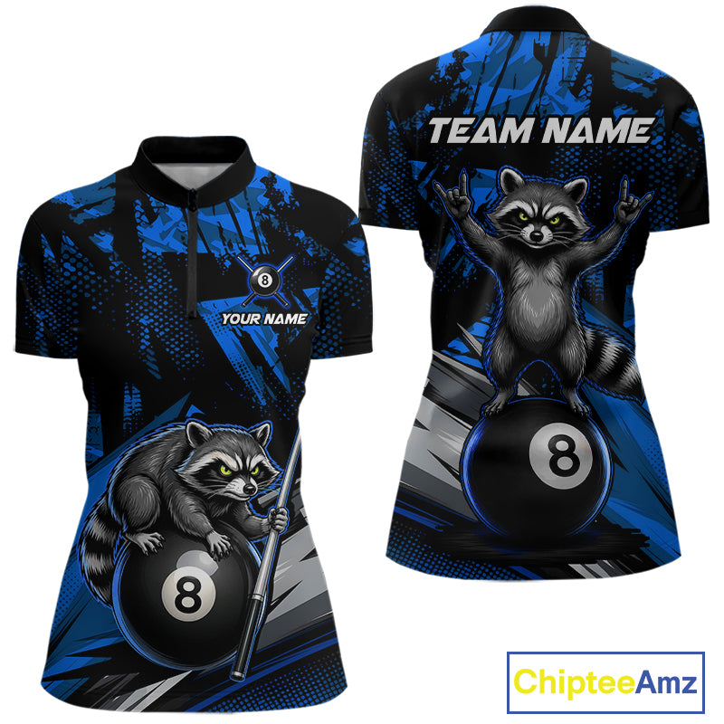 Custom Blue Funny Raccoon women's quarter-zip billiard jersey with cheerful raccoon artwork, personalized pool league shirt, APA tournament apparel, custom cue sports performance clothing