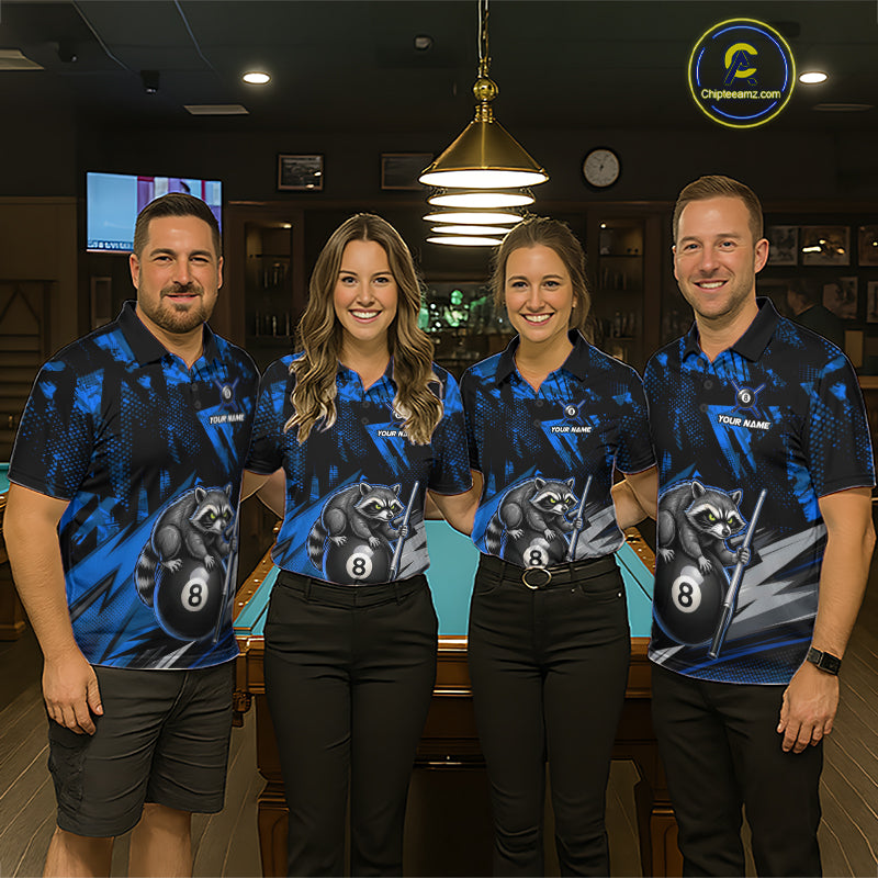 Matching Blue Funny Raccoon billiard jerseys for men and women, family pool team uniforms, APA league apparel, cue sports tournament clothing, wildlife mascot jerseys, championship team shirts, symbolizing teamwork, fun, intelligence, curiosity and competitive spirit