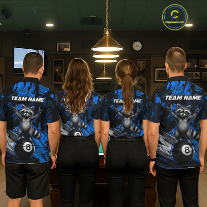 Matching Blue Funny Raccoon billiard jerseys for men and women, family pool team uniforms, APA league apparel, cue sports tournament clothing, wildlife mascot jerseys, championship team shirts, symbolizing teamwork, fun, intelligence, curiosity and competitive spirit