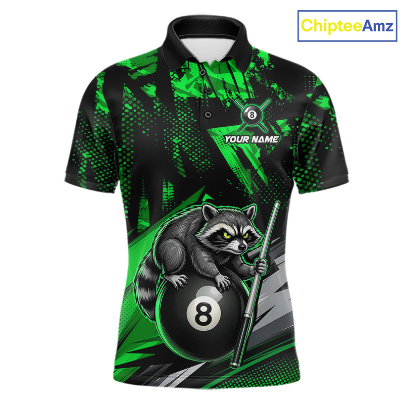 Custom Green Funny Raccoon men's billiard polo with forest raccoon graphics, personalized pool tournament shirt, APA BCA cue sports apparel, custom athletic jersey, championship team clothing