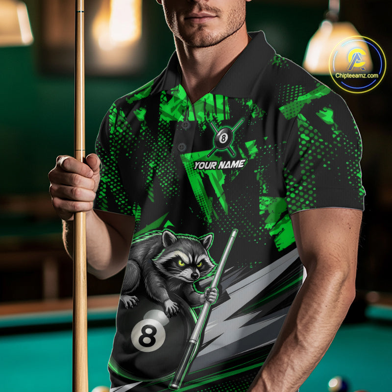 Male model wearing Green Funny Raccoon billiard polo, woodland-inspired cue sports jersey, personalized APA tournament apparel, championship performance sportswear, outdoor lifestyle clothing