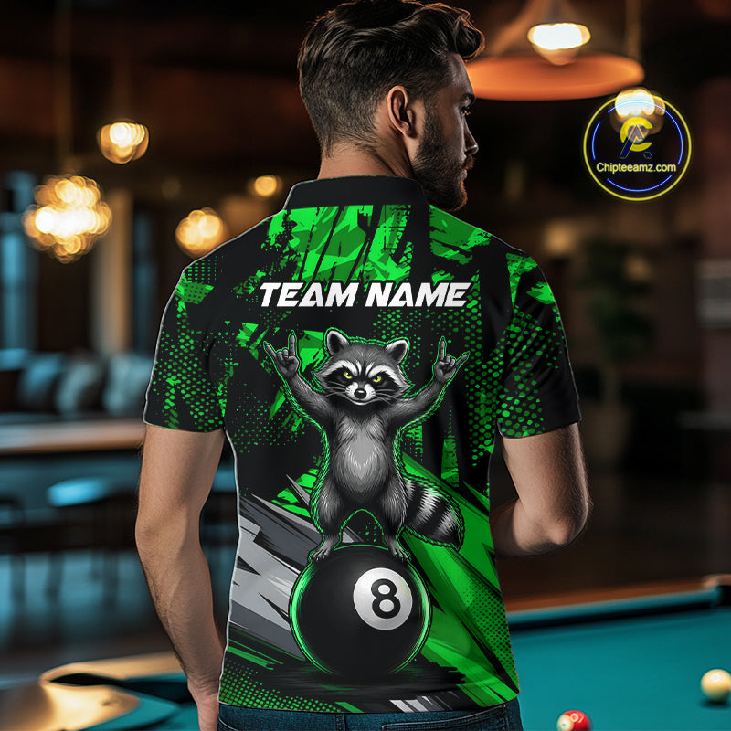 Male model wearing Green Funny Raccoon billiard polo, woodland-inspired cue sports jersey, personalized APA tournament apparel, championship performance sportswear, outdoor lifestyle clothing