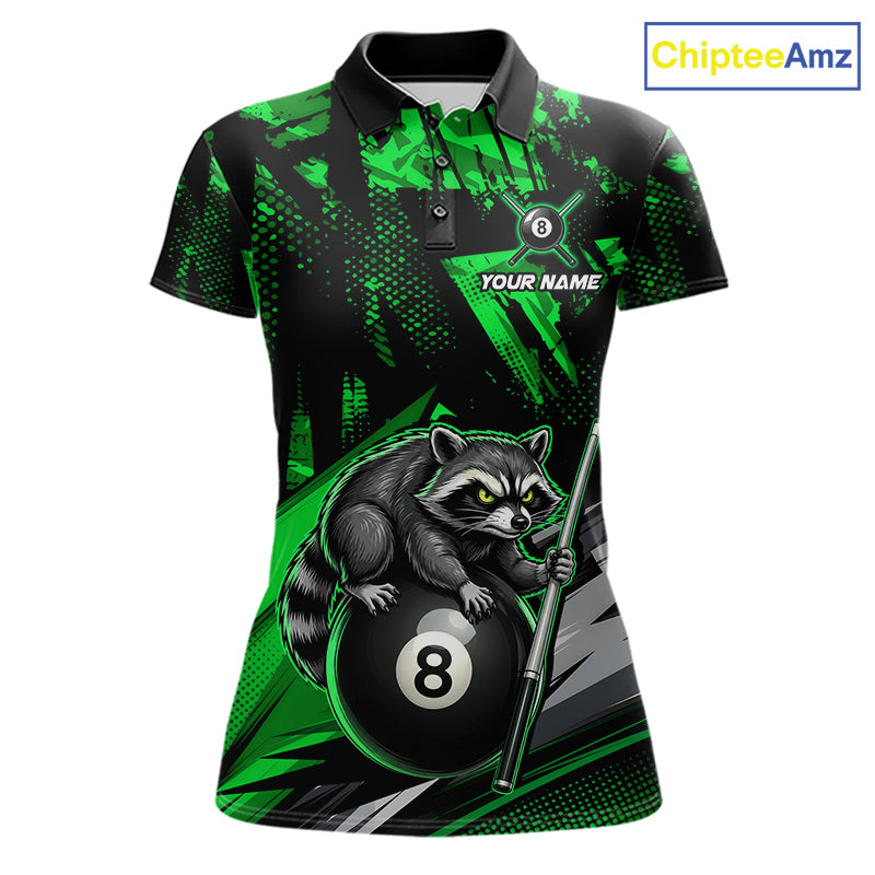 Custom Green Funny Raccoon women's billiard polo featuring woodland raccoon artwork, personalized 8 Ball tournament jersey, custom pool team apparel, cue sports league uniform, outdoor performance clothing